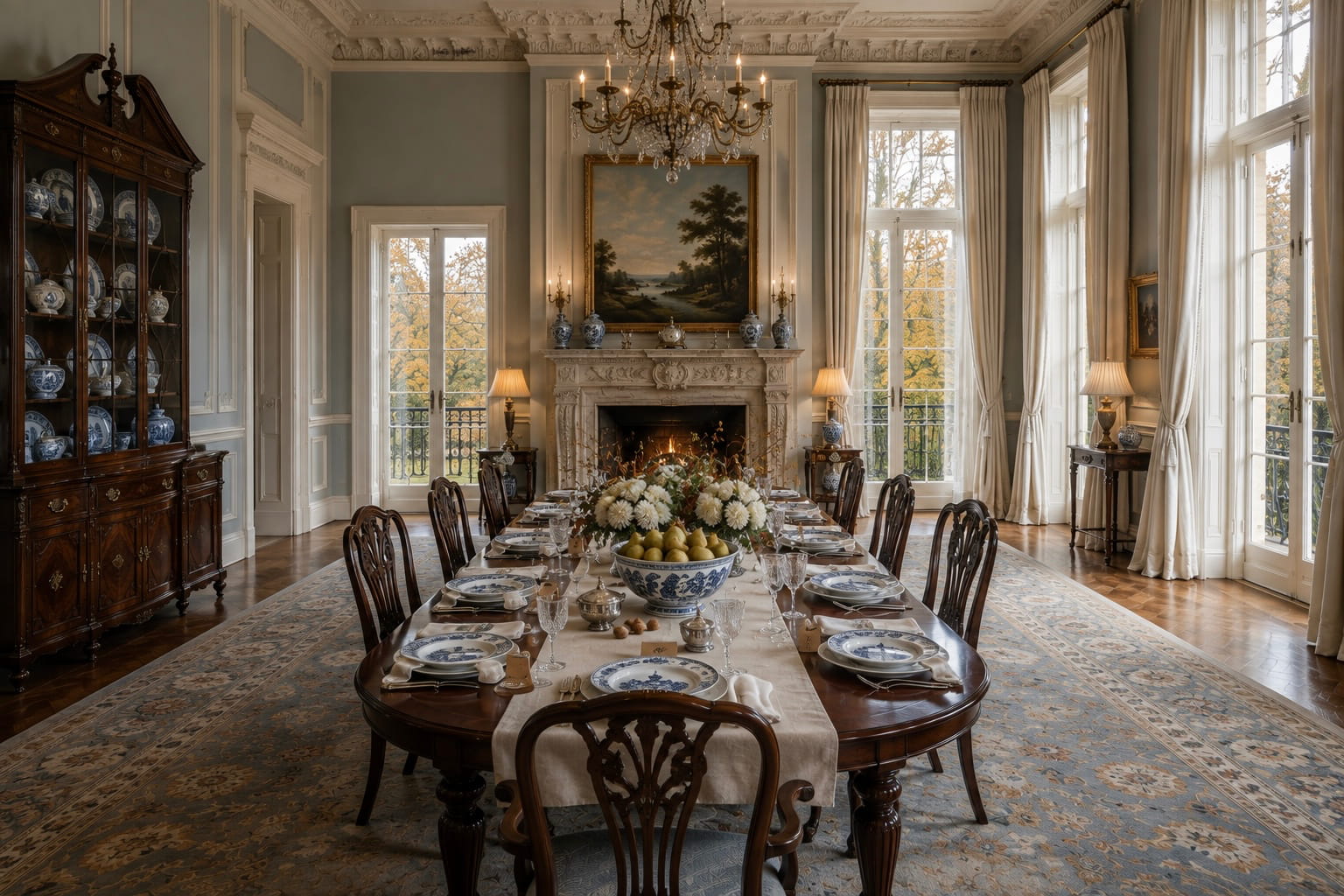 Blue and white Thanksgiving table with heritage china, pears and white chrysanthemums in a pale blue historic dining room