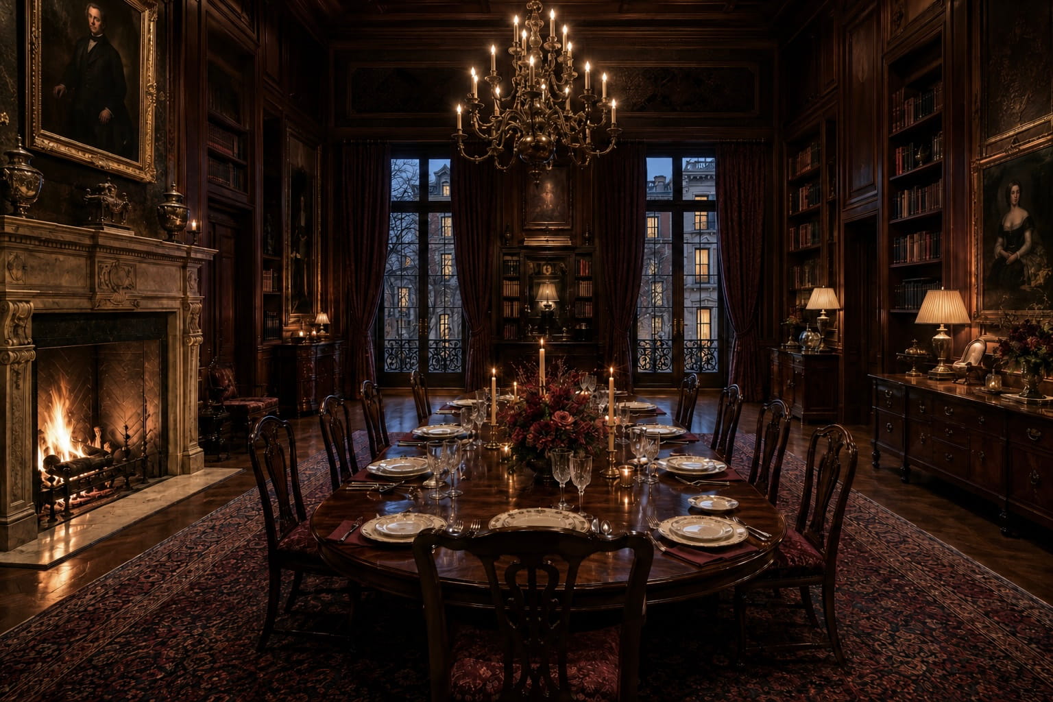 Burgundy candlelit Thanksgiving table with cream china and deep red flowers in an Upper East Side library dining room