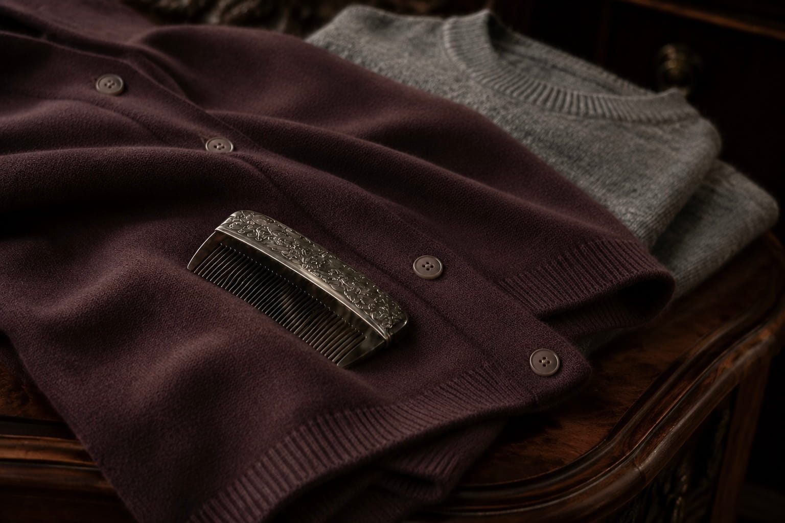 Ornate cashmere comb resting on a plum cashmere cardigan beside a folded grey jumper