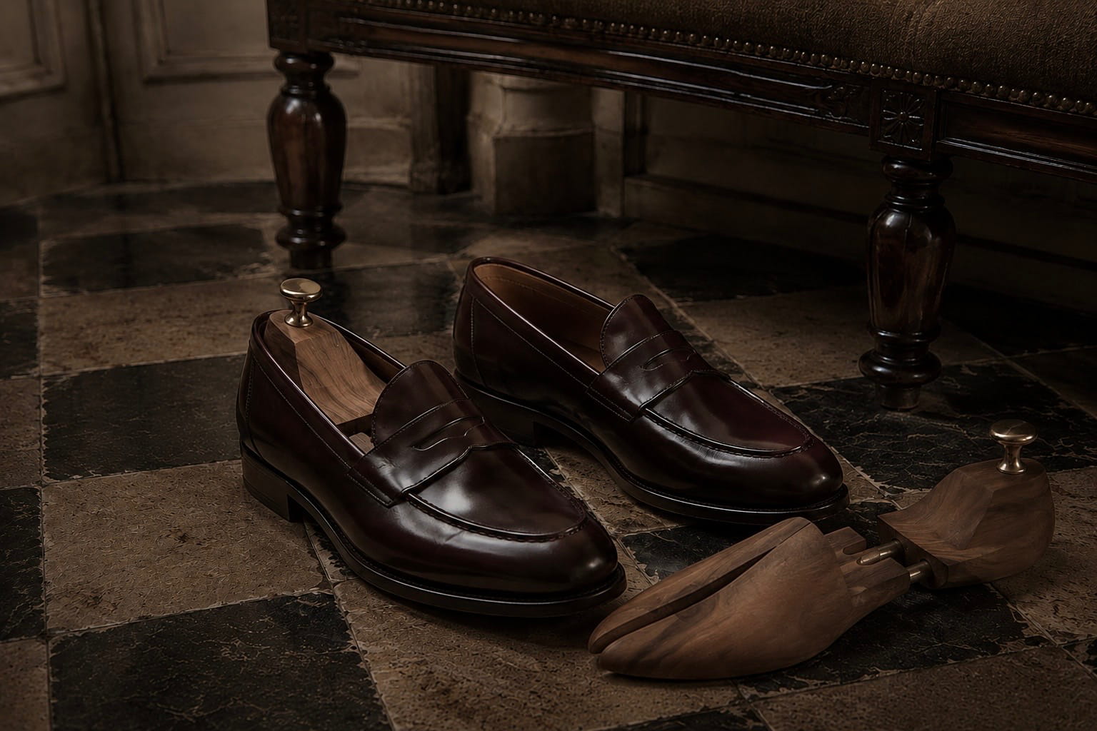 Polished dark brown leather loafers with cedar shoe trees beside an antique bench