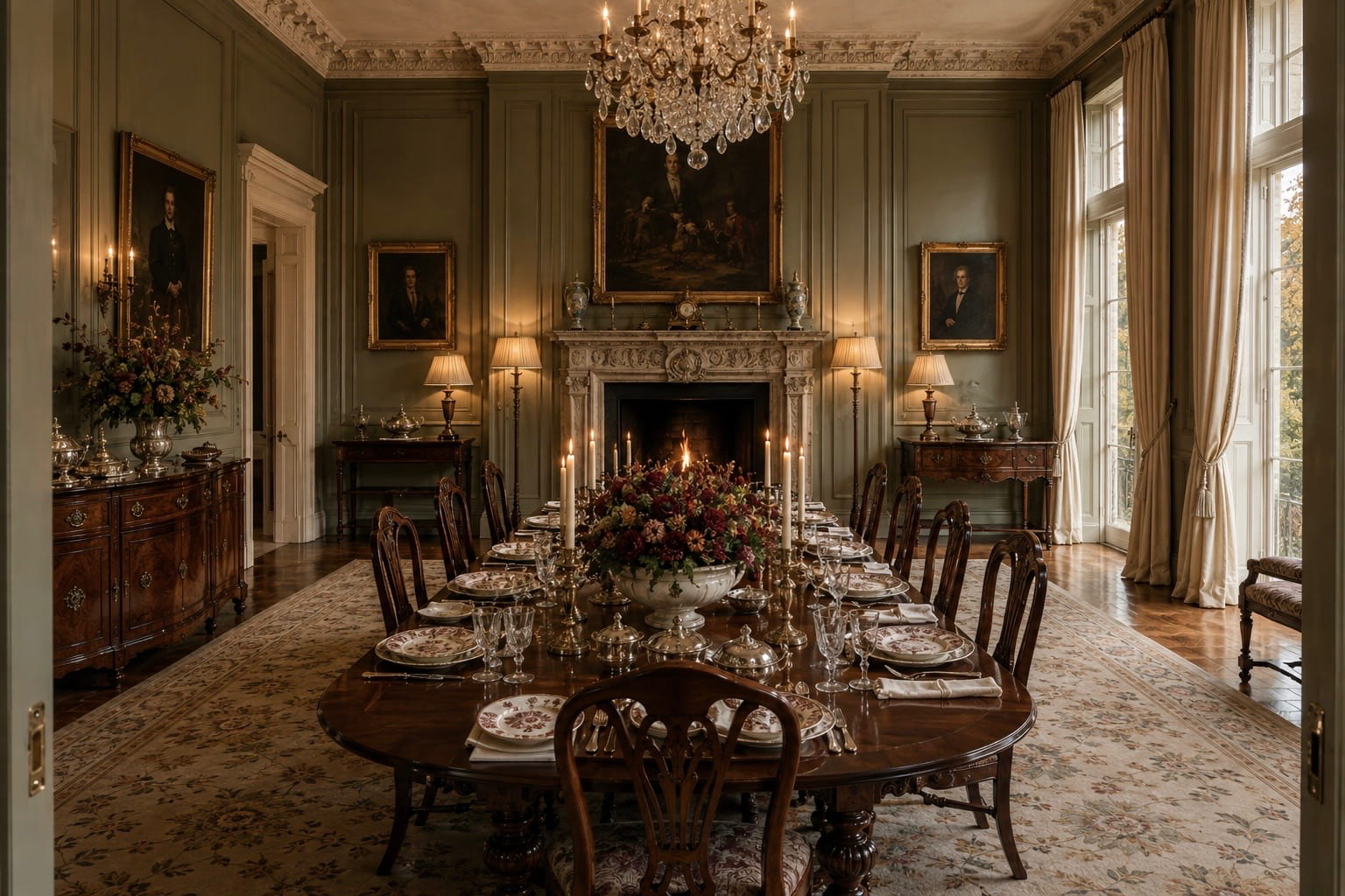 English country house Thanksgiving table with patterned china, burgundy flowers and ivory candles in an olive green dining room