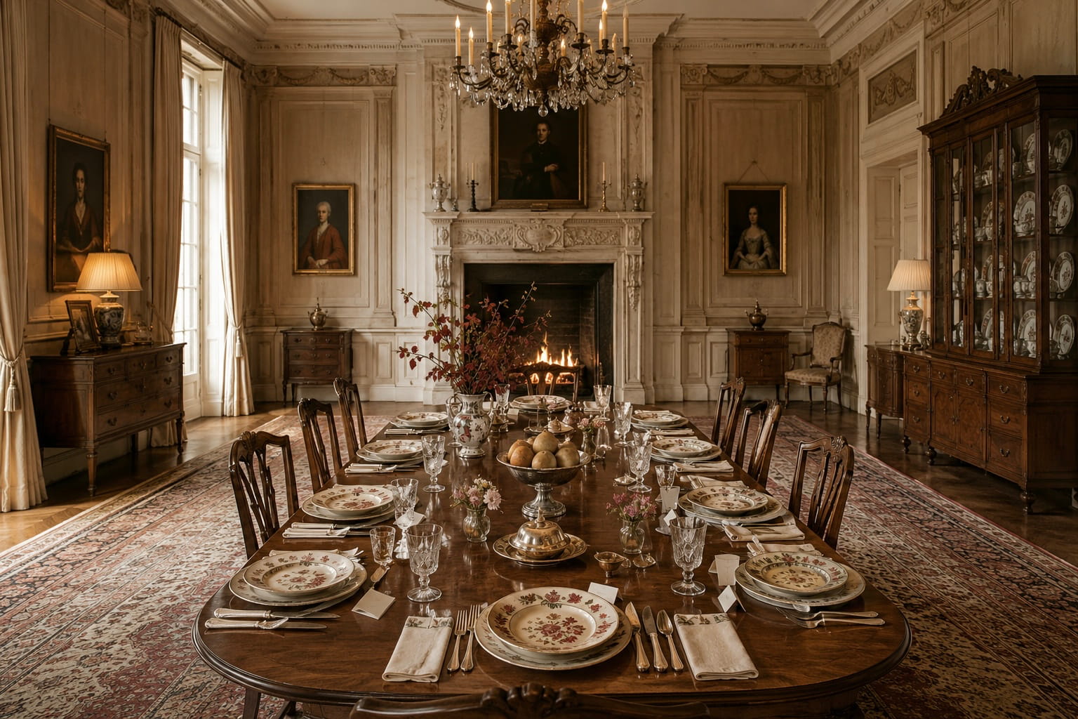 Heirloom china Thanksgiving table with patterned plates, antique silver and pears in an elegant panelled dining room