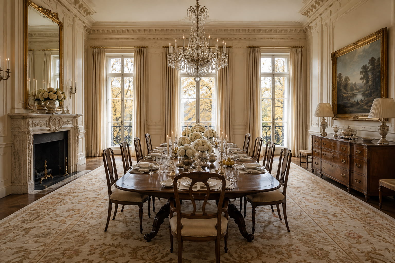 Ivory Thanksgiving table with antique silver, white flowers and crystal in a light filled historic dining room