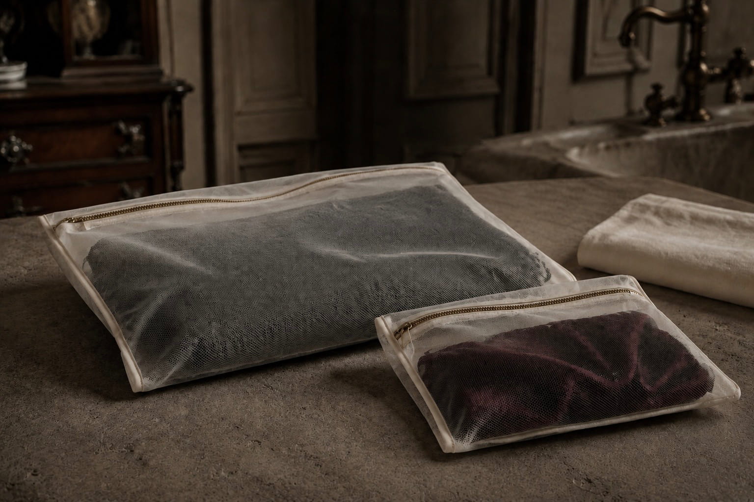 Two mesh laundry bags containing grey knitwear and a plum garment on a stone worktop