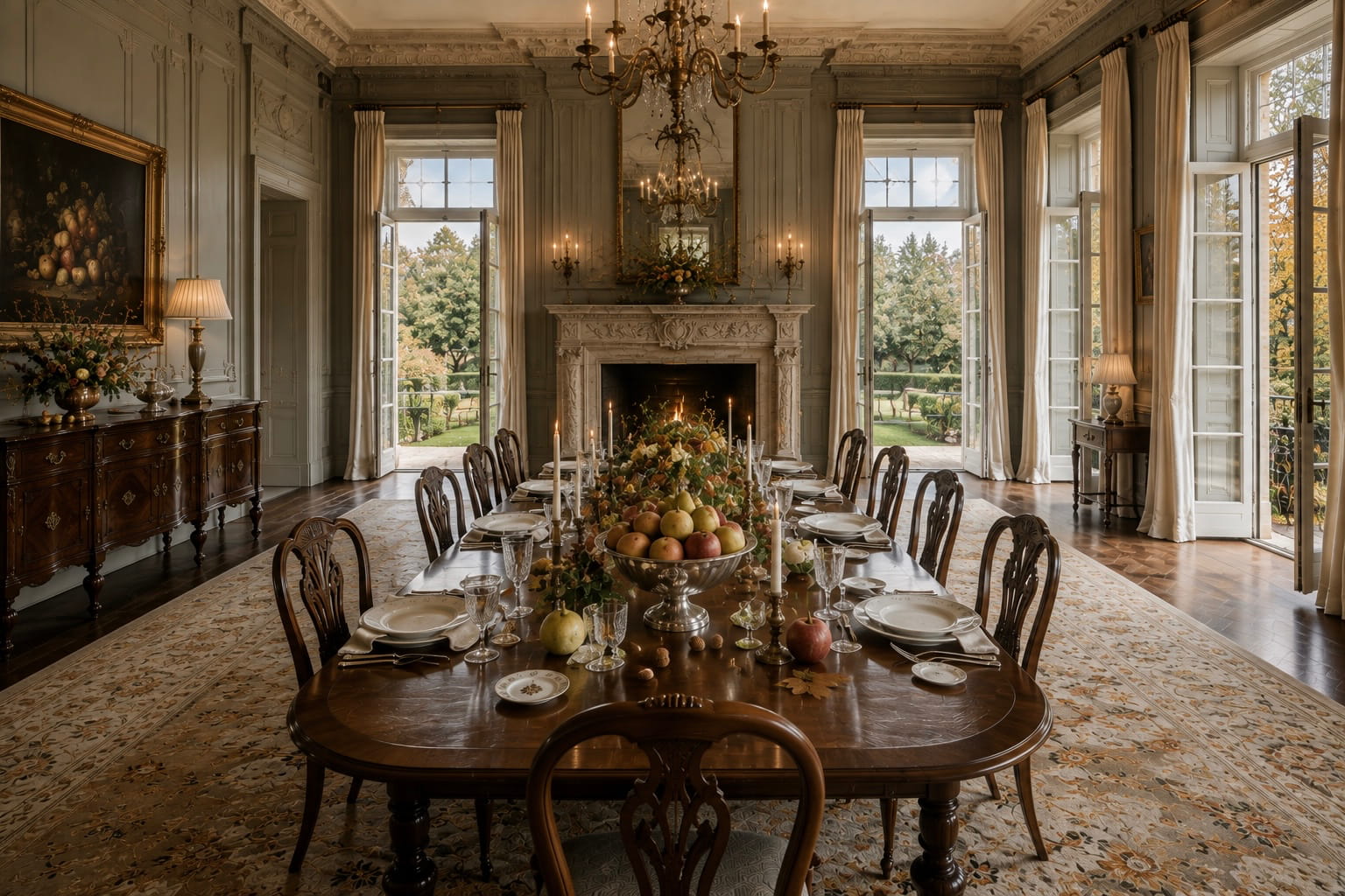 Orchard inspired Thanksgiving table with apples, pears, cream china and autumn foliage overlooking a formal garden