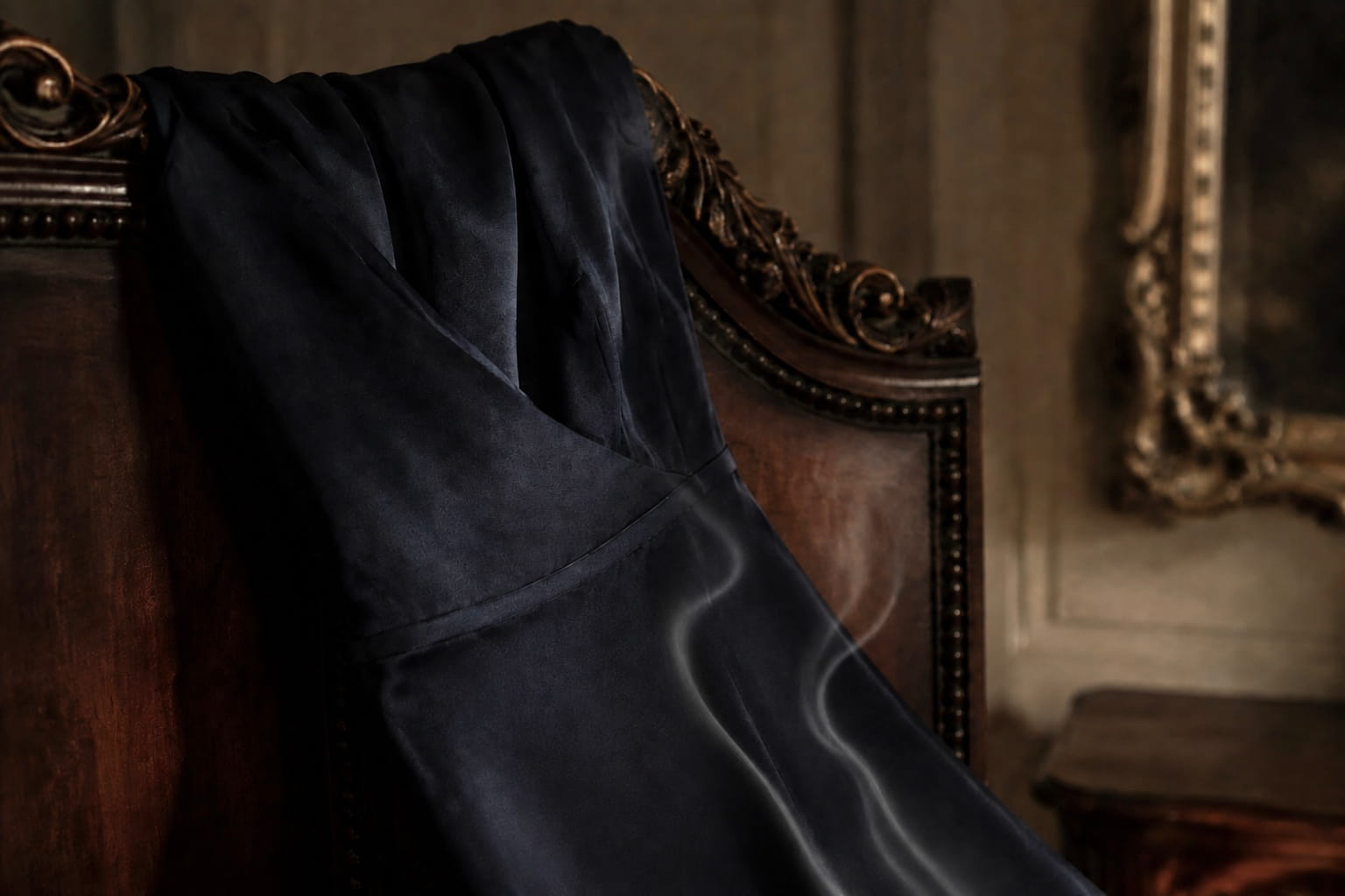 Midnight blue dress draped over an antique chair with fine wisps of steam