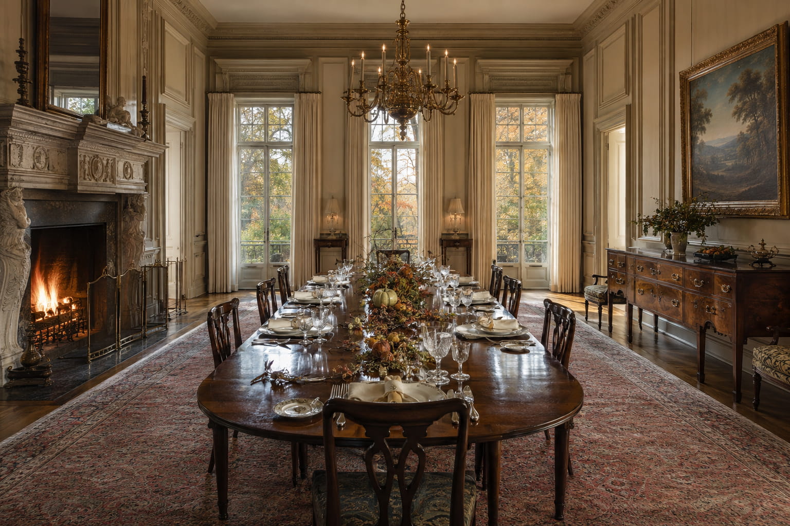 Traditional New England Thanksgiving table with cream china, crystal, autumn foliage and small pumpkins in a grand historic dining room