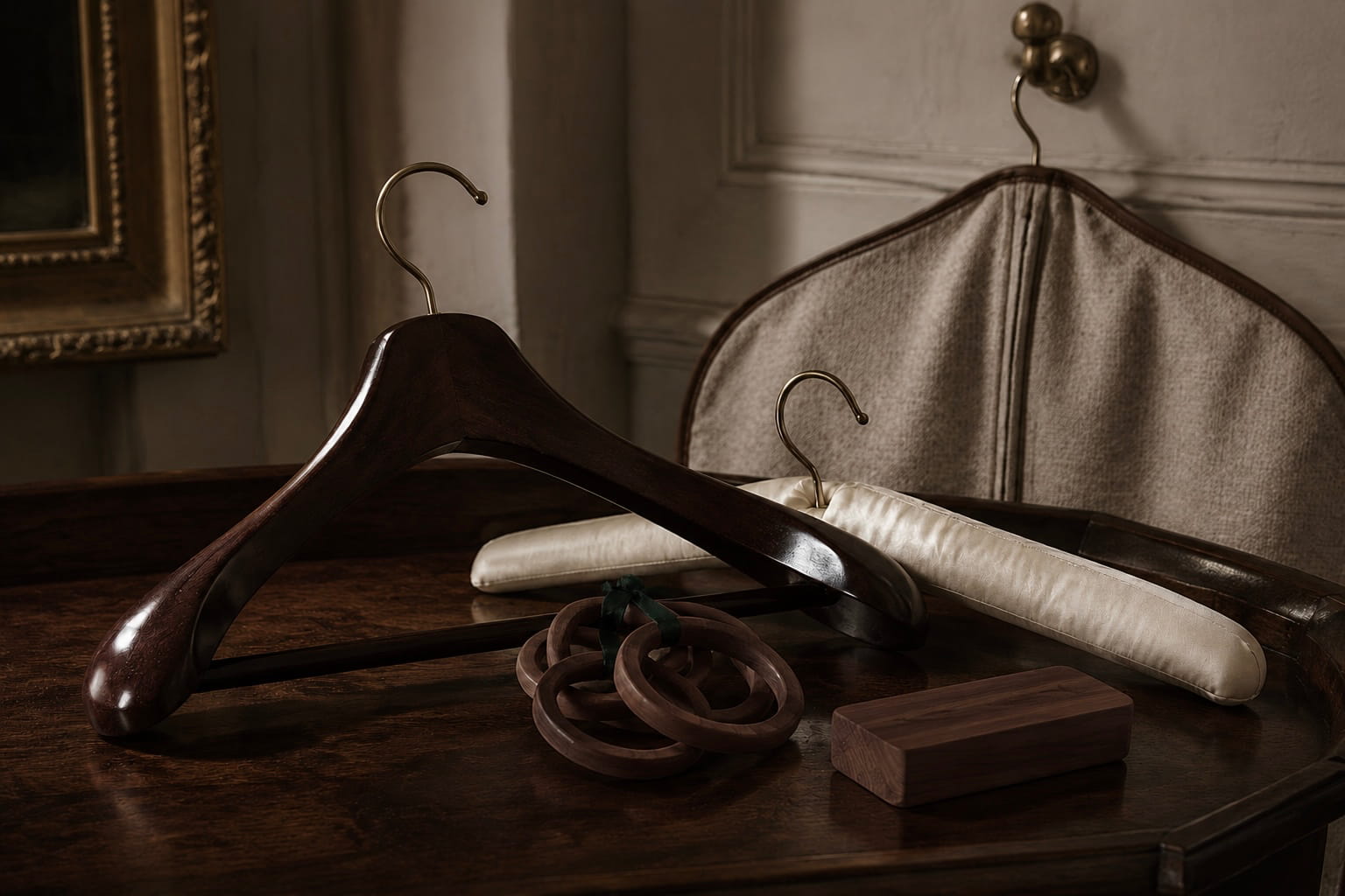 Wooden and padded clothes hangers with cedar rings and a cedar block on a mahogany chest